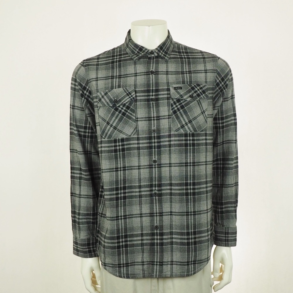 RVCA Flannel Button Down Shirt Mens Medium Gray Plaid Cotton Blend Regular Fit